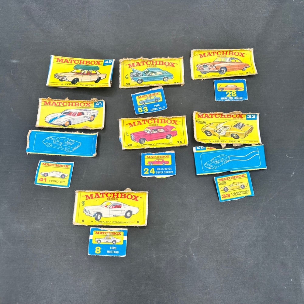 Vintage Matchbox Lesney Box Panels Flap Lot Ford Mustang Jaguar Lamborghini 14pc